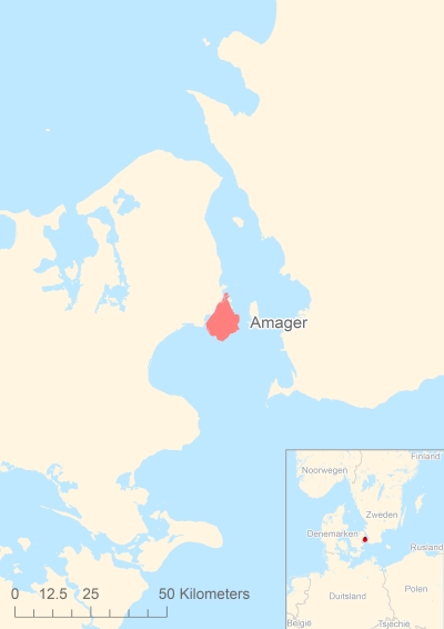 Ligging van het eiland Amager in Europa