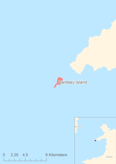 Ligging van het eiland Bardsey Island in Europa
