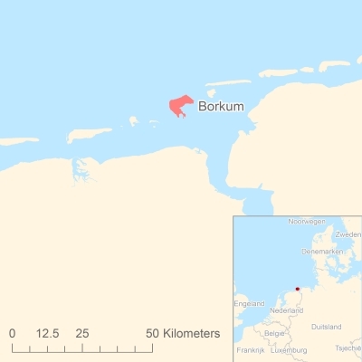 Ligging van het eiland Borkum in Europa