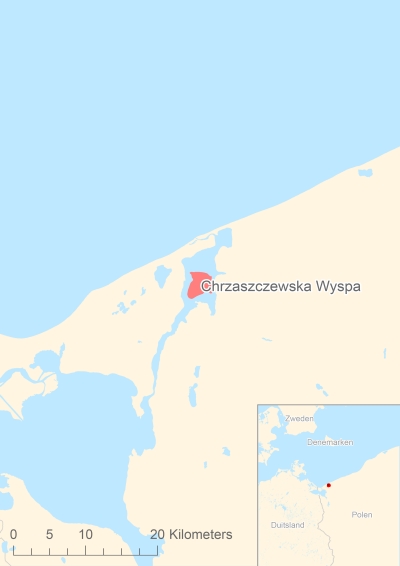 Ligging van het eiland Chrząszczewska Wyspa in Europa