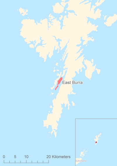Ligging van het eiland East Burra in Europa