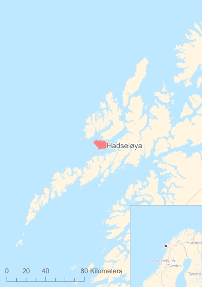 Ligging van het eiland Hadseløya in Europa
