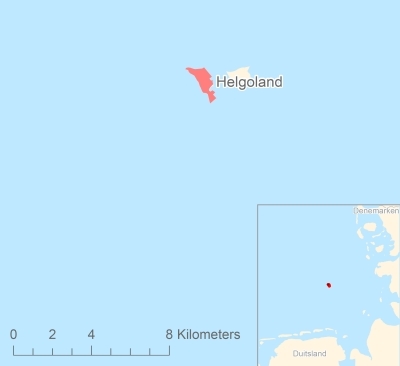 Ligging van het eiland Helgoland in Europa