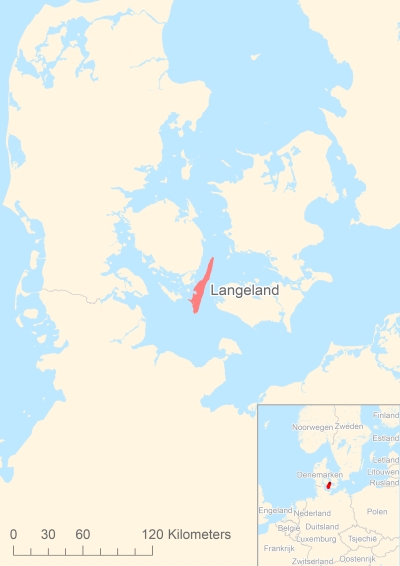 Ligging van het eiland Langeland in Europa