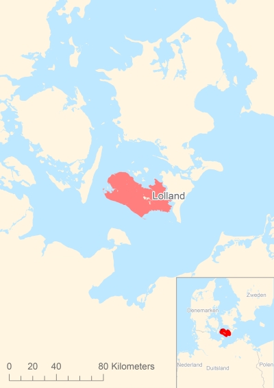 Ligging van het eiland Lolland in Europa