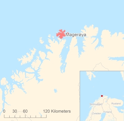 Ligging van het eiland Magerøya in Europa