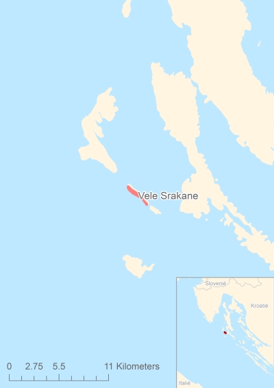 Ligging van het eiland Vele Srakane in Europa