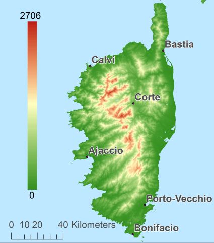 Corsica hoogtekaart DTM DEM