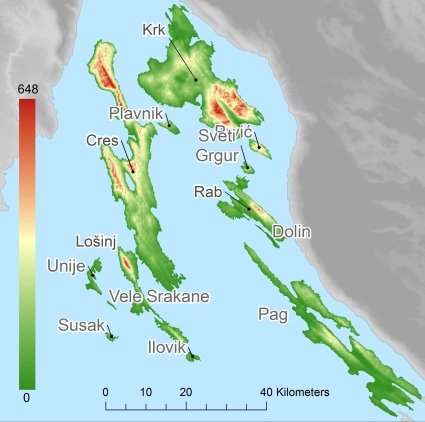 Kvarner eilanden hoogtekaart DTM DEM