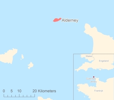 Ligging van het eiland Alderney in Europa