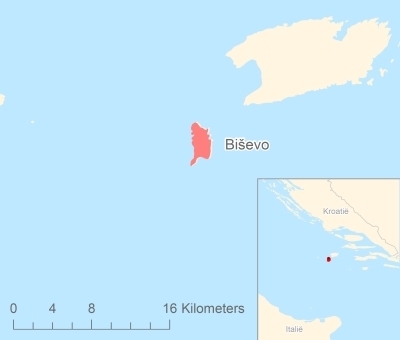 Ligging van het eiland Biševo in Europa
