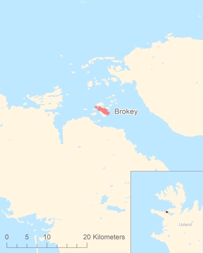 Ligging van het eiland Brokey in Europa