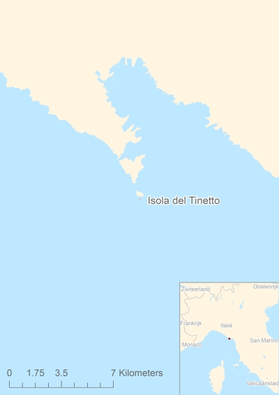 Ligging van het eiland Isola del Tinetto in Europa
