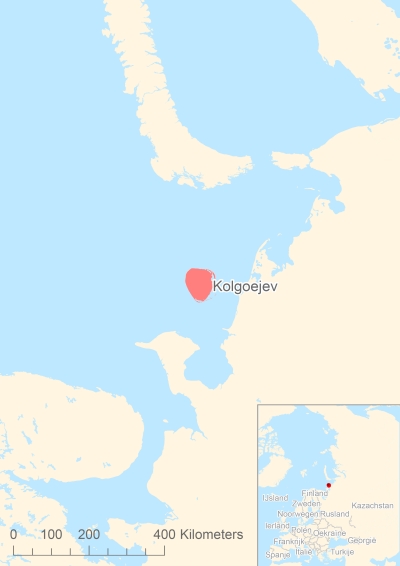 Ligging van het eiland Kolgoejev in Europa