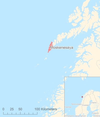 Ligging van het eiland Moskenesøya in Europa