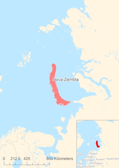 Ligging van het eiland Nova Zembla in Europa