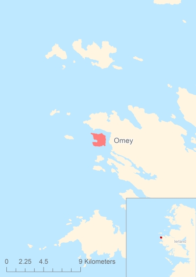 Ligging van het eiland Omey in Europa