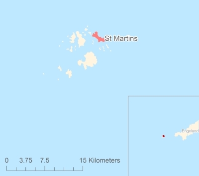 Ligging van het eiland St Martins in Europa