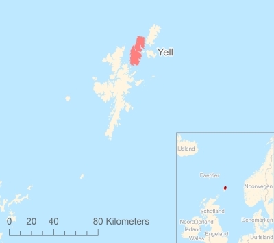 Ligging van het eiland Yell in Europa